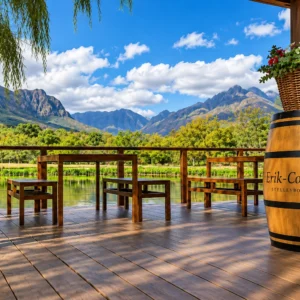 Scenic Stellenbosch wine estate terrace overlooking lush vineyards and dramatic mountain scenery in the Cape Winelands, South Africa.