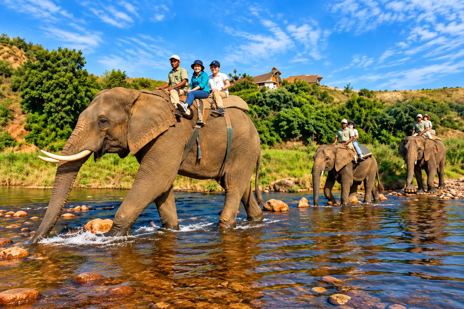 Three elephants carrying tourists and guides cross a shallow, rocky river surrounded by lush green vegetation and rolling hills beneath a bright blue sky.